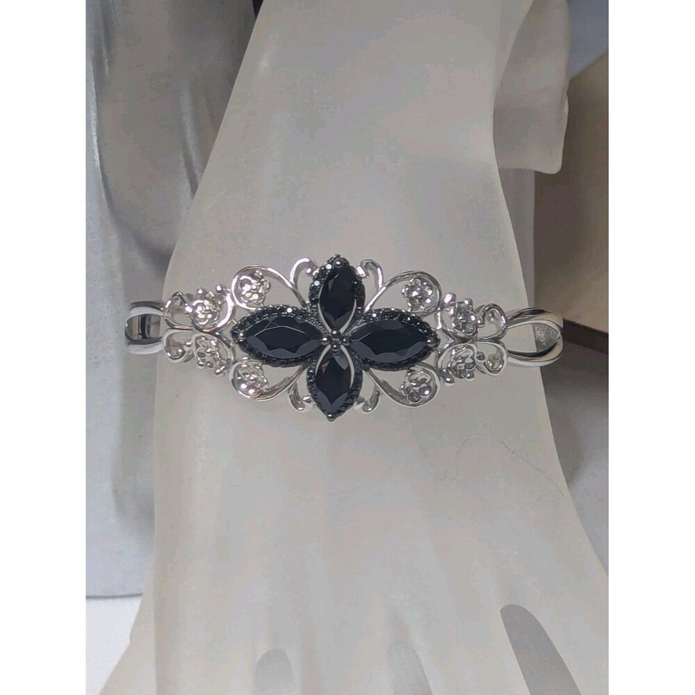 JTV Hinged Cuff Bracelet - Black Spinel, Zircon, Marquise, Sterling Silver, 7.5"